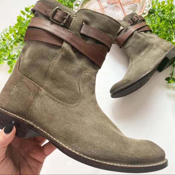 Frye Shoes - Frye Shirley Suede Olive Green Brown Leather Straps Buckle Ankle Boots size 9